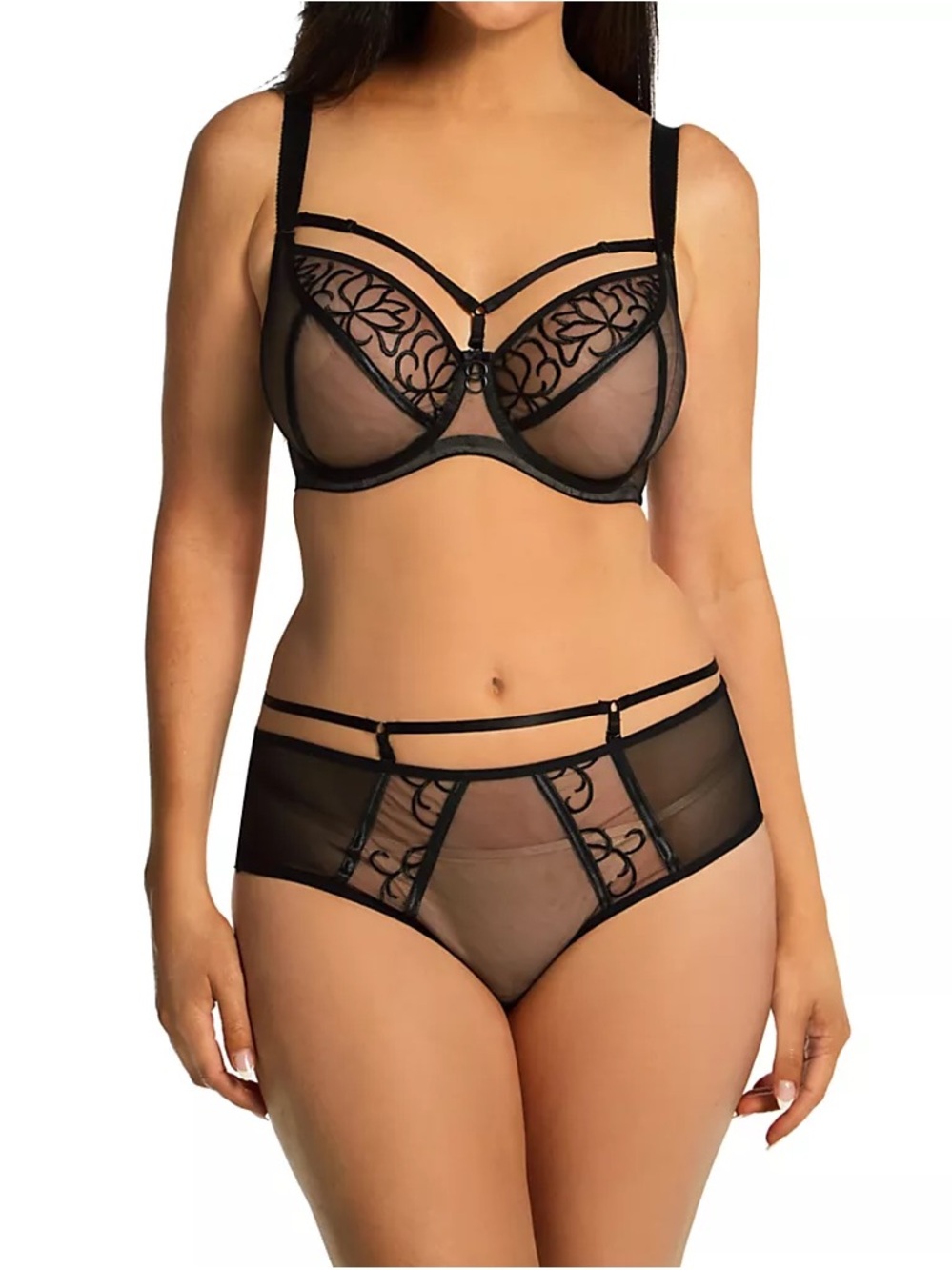 Fit Fully Yours - Sheer Embroidered Black Lace Bra & Brief Set - 32I and Large